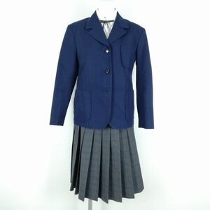 1円 ブレザー チェックスカート 紐タイ 上下4点セット 冬物 女子 学生服 中学 高校 紺 制服 中古 ランクC NA1931