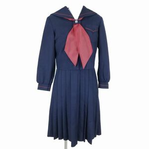 1円 セーラー服 ジャンパースカート スカーフ 上下3点セット 冬物 赤1本線 女子 学生服 鹿児島鶴丸高校 紺 制服 中古 ランクC NA2351