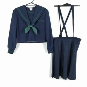 1 jpy sailor suit skirt scarf top and bottom 3 point set winter thing green 3ps.@ line woman school uniform middle . high school navy blue uniform used rank C NA1561