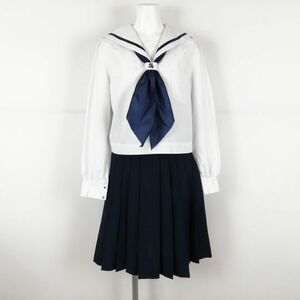 1円 セーラー服 スカート スカーフ 上下3点セット 大きいサイズ 中間服 青1本線 女子 学生服 兵庫書写中学 白 制服 中古 ランクC NA1578