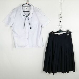 1円 ブラウス スカート 紐タイ 上下3点セット 大きいサイズ 夏物 女子 学生服 中学 高校 白 制服 中古 ランク:C EY5264