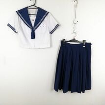 1円 セーラー服 スカート 紐タイ 上下3点セット 155A トンボ 夏物 白2本線 女子 学生服 長崎大村中学 白 制服 中古 ランク:C EY3231_画像1