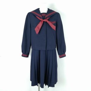 1円 セーラー服 ジャンパースカート スカーフ 上下3点セット 指定 冬物 赤3本線 女子 学生服 鹿児島天保山中学 紺 中古 ランクB NA2865