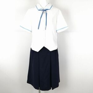 1円 ブラウス スカート 紐タイ 上下3点セット L 大きいサイズ トンボ 夏物 女子 学生服 兵庫姫路商業高校 白 制服 中古 ランクC NA1574