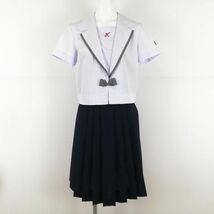 1円 セーラー服 スカート リボン 上下3点セット M 夏物 柄1本線 女子 学生服 鹿児島加世田高校 白 制服 中古 ランクC NA1506_画像1