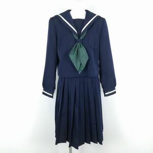 1円 セーラー服 スカート スカーフ 上下3点セット 170A 大きいサイズ カンコー 冬物 白1本線 女子 中学 高校 紺 中古 ランクC NA1615