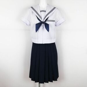 1円 セーラー服 スカート スカーフ 上下3点セット 夏物 青3本線 女子 学生服 中学 高校 白 制服 中古 ランクC NA1489