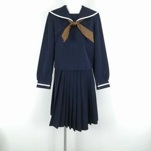 1円 セーラー服 スカート スカーフ 上下3点セット L 大きいサイズ 冬物 白1本線 女子 学生服 高知西部中学 紺 中古 ランクC NA1817