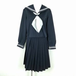 1円 セーラー服 スカート スカーフ 上下3点セット 大きいサイズ 冬物 白3本線 女子 学生服 高知商業高校 紺 制服 中古 ランクC NA1744