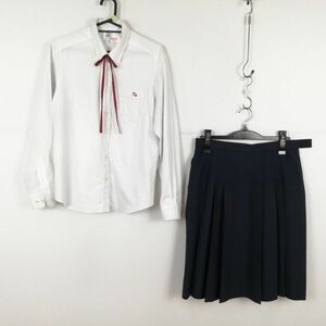 1円 ブラウス スカート 紐タイ 上下3点セット L 大きいサイズ 中間服 女子 学生服 中学 高校 白 制服 中古 ランク:C EY5413