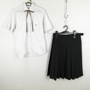 1円 ブラウス スカート 紐タイ 上下3点セット 大きいサイズ 夏物 女子 学生服 神奈川相洋高校 白 制服 中古 ランク:C EY5296