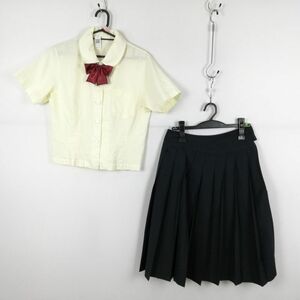 1円 ブラウス スカート リボン 上下3点セット カンコー 夏物 女子 学生服 中学 高校 黄 制服 中古 ランク:C EY5730