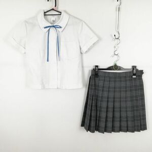 1円 ブラウス ミニスカート 紐タイ 上下3点セット 160 夏物 女子 学生服 中学 高校 白 制服 中古 ランク:C EY5300