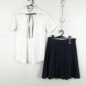 1円 ブラウス スカート 紐タイ 上下3点セット M 夏物 女子 学生服 中学 高校 白 制服 中古 ランク:C EY5389