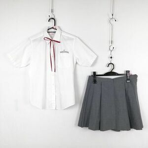 1円 ブラウス ミニスカート 紐タイ 上下3点セット S 夏物 女子 学生服 中学 高校 白 制服 中古 ランク:C EY5608