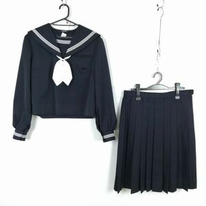 1円 セーラー服 スカート リボン 上下3点セット 大きいサイズ 冬物 白3本線 女子 学生服 中学 高校 紺 制服 中古 ランクC NA1322