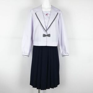 1円 セーラー服 スカート リボン 上下3点セット L 大きいサイズ 中間服 女子 学生服 鹿児島加世田高校 白 制服 中古 ランクC NA1706