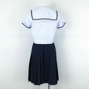 1円 セーラー服 スカート スカーフ 上下3点セット 夏物 青3本線 女子 学生服 中学 高校 白 制服 中古 ランクC NA1586の画像2