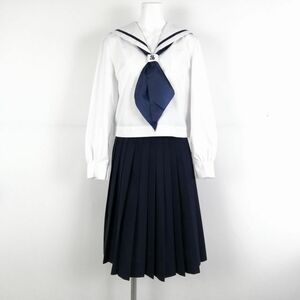 1円 セーラー服 スカート スカーフ 上下3点セット 中間服 青1本線 女子 学生服 兵庫書写中学 白 制服 中古 ランクC NA1478