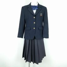 1円 ブレザー チェックスカート リボン 上下4点セット 160A トンボ 冬物 女子 学生服 広島廿日市高校 紺 制服 中古 ランクC NA2074_画像1