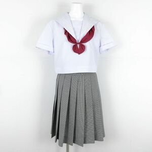 1 jpy sailor suit check skirt top and bottom 3 point set large size summer thing white 3ps.@ line Hyogo .. river woman university attached middle . high school white used rank C NA1585