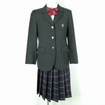 1円 ブレザー チェックスカート リボン 上下4点セット 155A 富士ヨット 冬物 女子 学生服 東京小平高校 グレー 制服 中古 ランクB NA2684_画像1