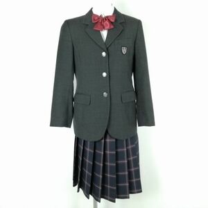 1円 ブレザー チェックスカート リボン 上下4点セット 155A 富士ヨット 冬物 女子 学生服 東京小平高校 グレー 制服 中古 ランクB NA2684