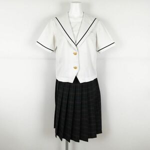 1円 セーラー服 チェックスカート 上下2点セット 夏物 青1本線 女子 学生服 岡山芳泉高校 白 制服 中古 ランクC NA1825