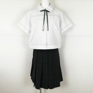 1円 ブラウス チェックスカート 紐タイ 上下3点セット L 大きいサイズ 夏物 女子 学生服 鹿児島西紫原中学 白 制服 中古 ランクC NA1863