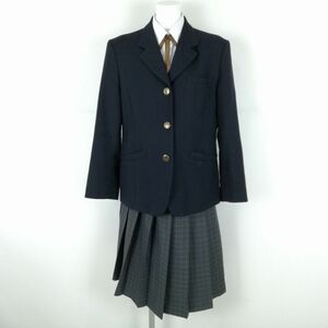 1円 ブレザー チェックスカート 紐タイ 上下4点セット LL 大きいサイズ 冬物 女子 学生服 中学 高校 紺 制服 中古 ランクC NA2122