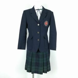 1円 ブレザー チェックスカート 紐タイ 上下4点セット 冬物 女子 学生服 大阪港中学 紺 制服 中古 ランクC NA2075