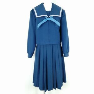 1円 セーラー服 スカート スカーフ 上下3点セット 大きいサイズ 冬物 グレー1本線 女子 学生服 中学 高校 花紺 制服 中古 ランクC NA2094