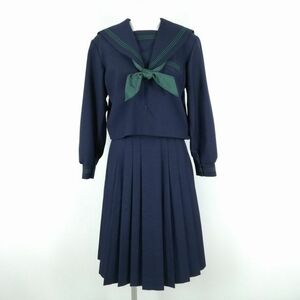 1 jpy sailor suit skirt scarf top and bottom 3 point set winter thing green 3ps.@ line woman school uniform middle . high school navy blue uniform used rank B NA1581