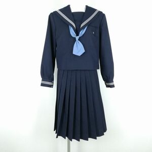 1円 セーラー服 スカート ネクタイ 上下3点セット 冬物 白3本線 女子 学生服 中学 高校 紺 制服 中古 ランクC NA2072