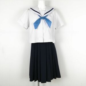 1円 セーラー服 スカート スカーフ 上下3点セット トンボ 夏物 青1本線 女子 学生服 鹿児島東谷山中学 白 制服 中古 ランクC NA2090