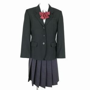 1円 ブレザー チェックスカート リボン 上下4点セット 165A 大きいサイズ 冬物 女子 学生服 香川観音寺第一高校 黒 中古 ランクB NA2349の画像1