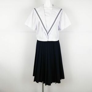 1円 セーラー服 スカート 上下2点セット 大きいサイズ 夏物 青2本線 女子 学生服 愛媛今治西高校 白 制服 中古 ランクB NA2030