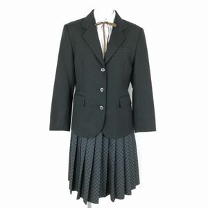 1円 ブレザー チェックスカート 紐タイ 上下4点セット 155AB 冬物 女子 学生服 中学 高校 黒 制服 中古 ランクB NA2313