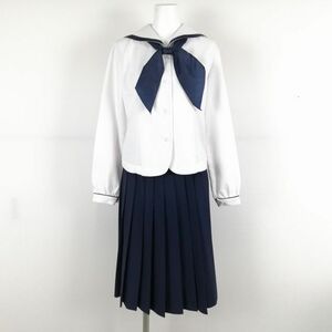 1円 セーラー服 スカート 上下3点セット トンボ M 中間服 柄1本線 女子 学生服 鹿児島時任学園樟南高校 白 制服 中古 ランクB NA2629