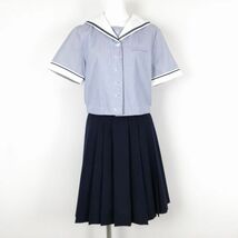 1円 セーラー服 スカート 上下2点セット 夏物 青2本線 女子 学生服 岡山山陽女子中学高校 ストライプ（青/白） 制服 中古 ランクC NA2258_画像1