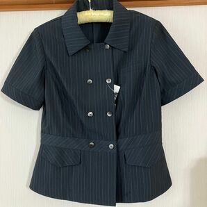 未使用 半袖 オーバーブラウス ストライプ 制服 オフィス 13号 （別出品で上下セット可能）