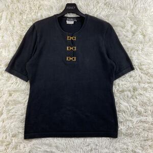 1円◎SALVATORE FERRAGAMO　サルヴァトーレフェラガモ　半袖ニット　サマーニット　Tシャツ　ガンチーニ　金具　ゴールド　黒　ブラック　M