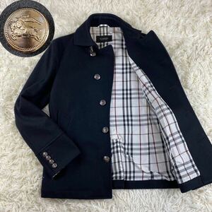 希少1円●BURBERRY BLACK LABEL バーバリーブラックレーベル マリンコート ノバチェック 銀ボタン ウール ジャケット ナポレオン M 黒