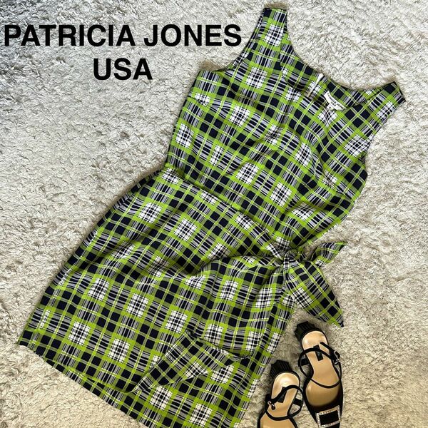 【美品】PATRICIA JONES USA パトリシアジョーンズ ワンピース ラップ風 チェック ノースリーブ USA製