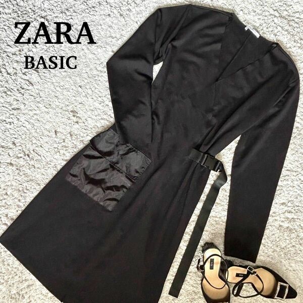 【美品】ZARA BASIC ザラ カシュクール ワンピース ストレッチ ポケット ブラック L