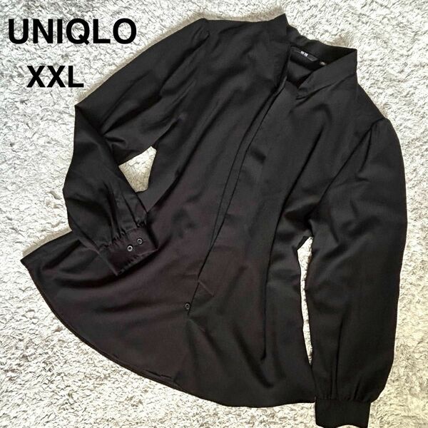 【美品】UNIQLO ユニクロ ブラウス リボンタイ シャツ フォーマル 大きいサイズ 長袖 黒 XXL