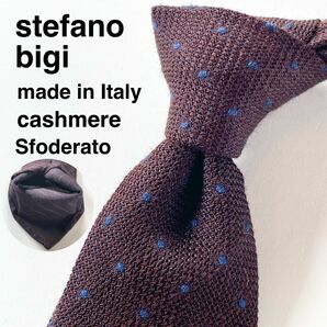 美品 ステファノビジ(stefano bigi) カシミア シルク ネクタイ イタリア製 ドット柄 ブラウン 茶 ネイビー 紺