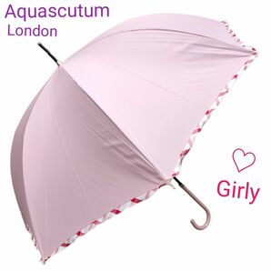 美品 アクアスキュータム ピンク 耐風 長傘 フリル 日本製 チェック ガーリー 雨傘 おしゃれ Aquascutum かわいい