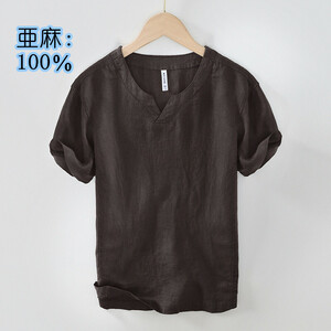 リネンシャツ　半袖シャツ　亜麻100％　Vネック　夏服　カジュアルシャツ　サマーシャツ　トップス【L998】珈琲色　XL