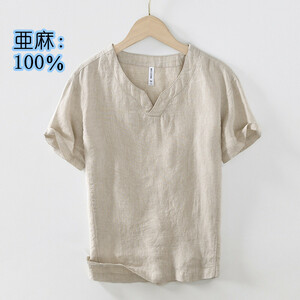 リネンシャツ　半袖シャツ　亜麻100％　Vネック　夏服　カジュアルシャツ　サマーシャツ　トップス【L998】カーキ　3XL